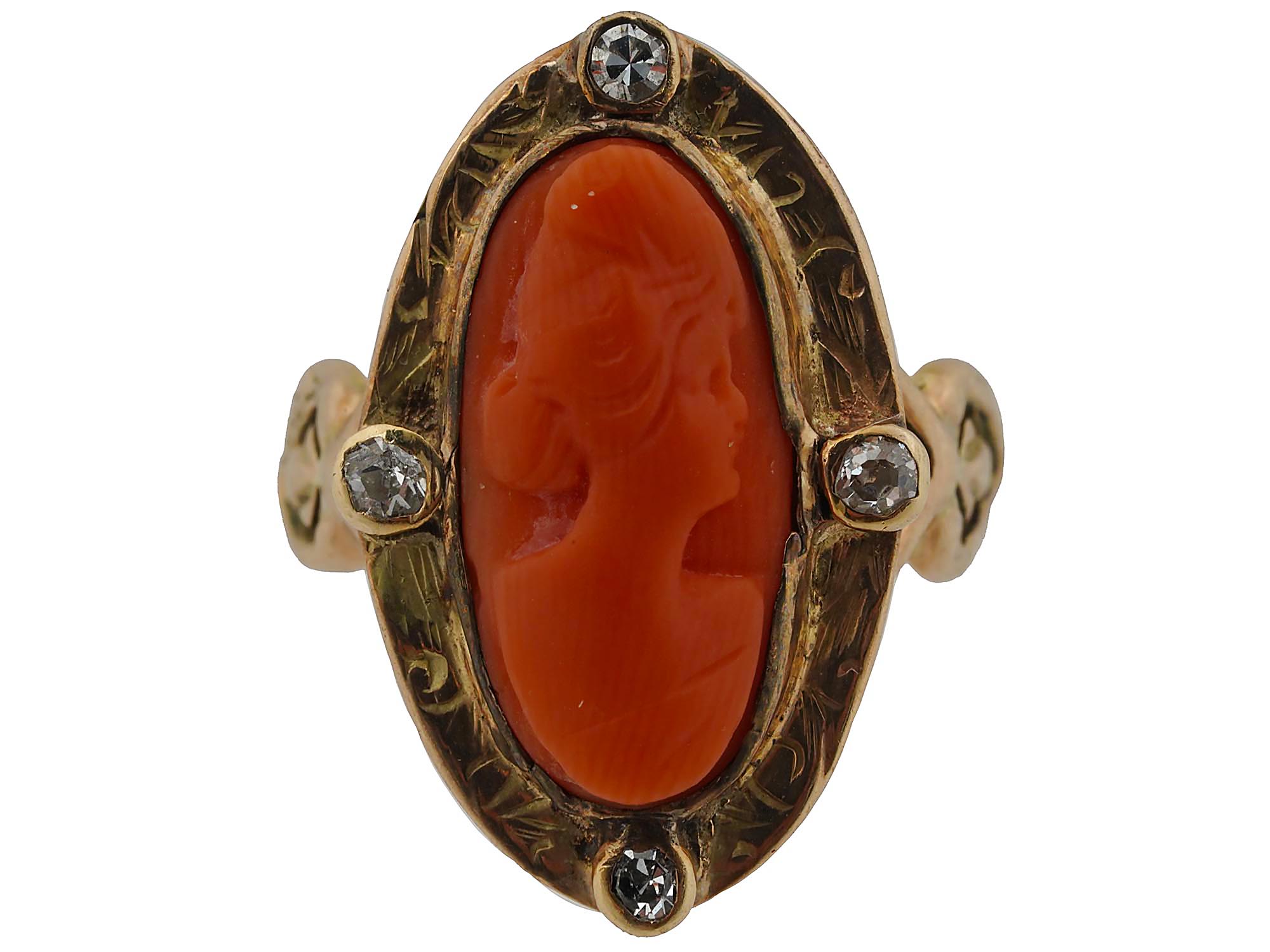 ANTIQUE 14K GOLD DIAMONDS CARVED CORAL CAMEO RING PIC-